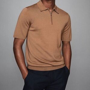 Reiss Tan Maxwell Merino Wool Zip Polo Size L